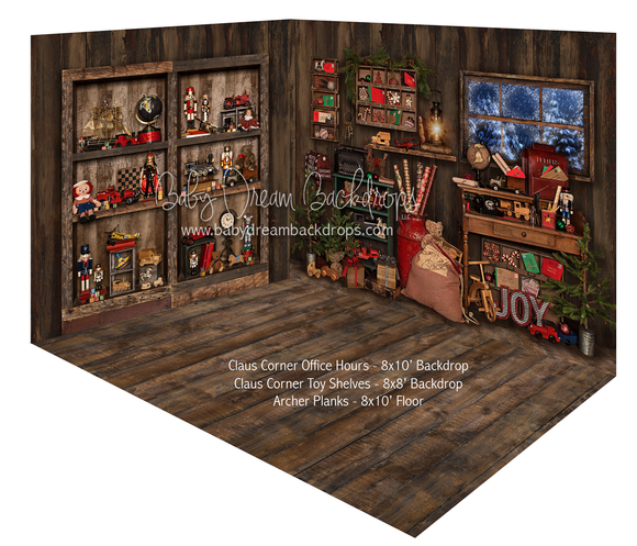 Claus Corner Office Hours and Claus Corner Toy Shelves Fabric Room