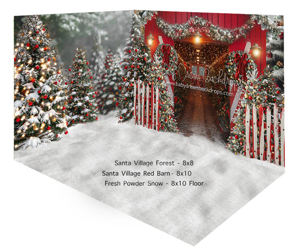 Fabric Room Santa Village Forest + Red Barn + Fresh Powder Snow Floor