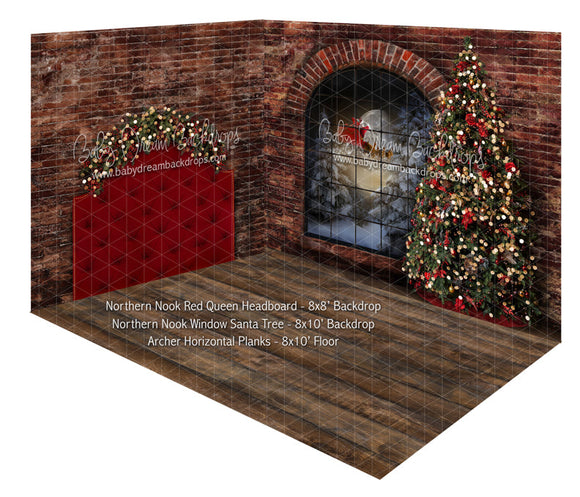 Northern Nook Red Queen Headboard and Northern Nook Window Santa Tree Fabric Room