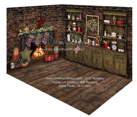 Rustic Christmas Kitchen Lights and Holiday Loft Fireplace Room