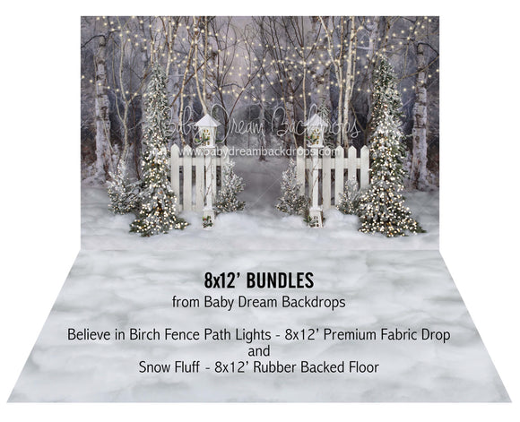 Believe in Birch Fence Path Lights and Snow Fluff
