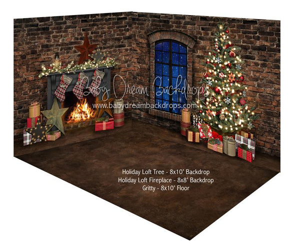 Holiday Loft Tree and Holiday Loft Fireplace Fabric Room
