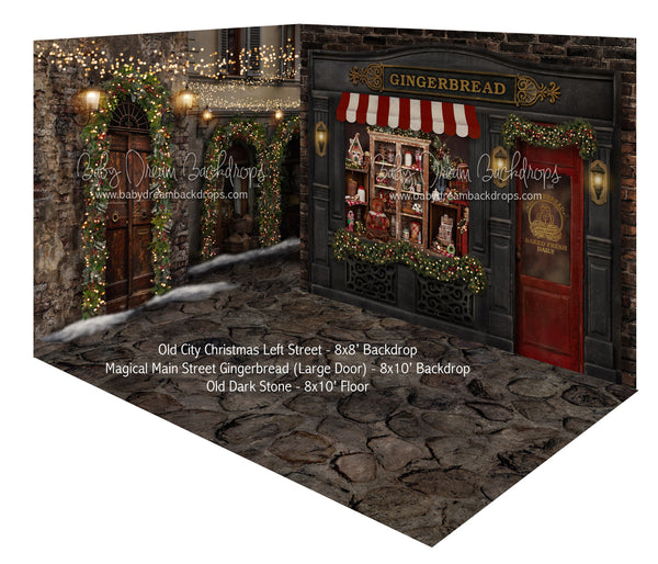 Magical Main Street Gingerbread (Large Door) and Old City Christmas Left Street Fabric Room