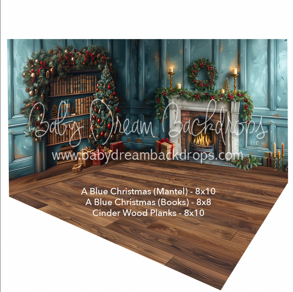 Fabric Room A Blue Christmas (Mantel) + Fabric Room A Blue Christmas (Books) + Cinder Wood Planks