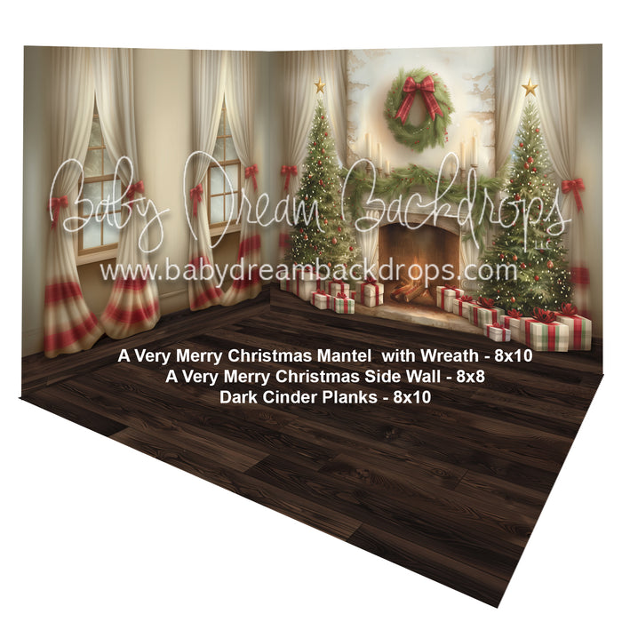 (Fabric Room) A Very Merry Christmas Mantel with Wreath + A Very Merry Christmas Side Wall + Dark Cinder Planks
