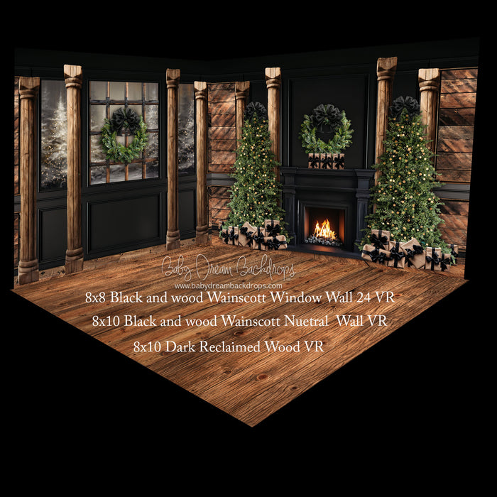 Black and Wood Wainscott Window Wall 24 and Black and Wood Wainscott Nuetral  Wall Fabric Room