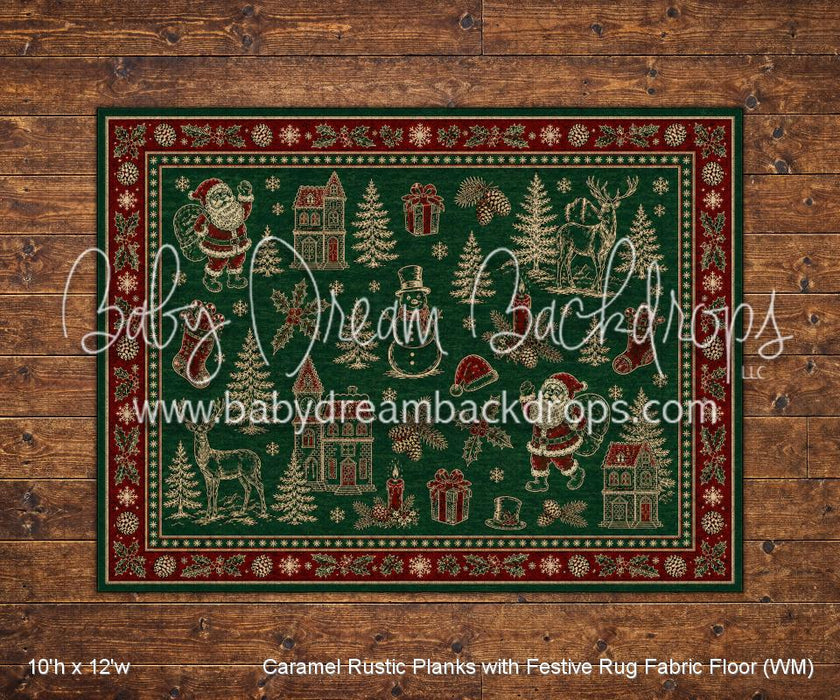 Caramel Rustic Planks with Festive Rug Fabric Floor (WM)