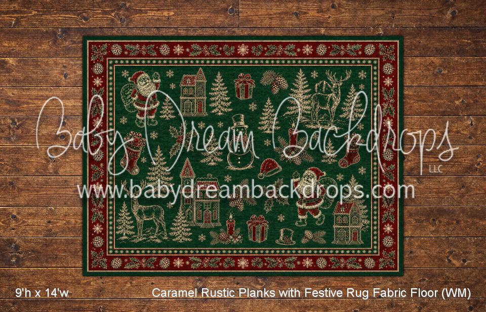 Caramel Rustic Planks with Festive Rug Fabric Floor (WM)