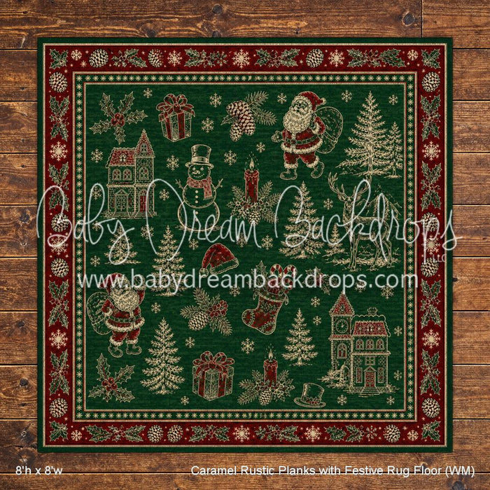 Caramel Rustic Planks with Festive Rug Fabric Floor (WM)