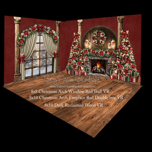Christmas Arch Window RED and Christmas Arch Fireplace RED Fabric Room