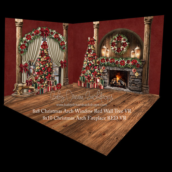 Christmas Arch Window Red Wall Tree and Christmas Arch Fireplace RED Fabric Room