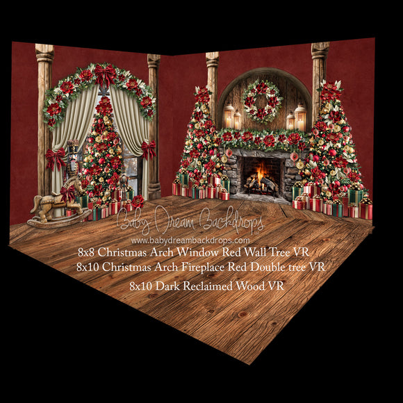 Christmas Arch Window Red Wall Tree  and Christmas Arch Fireplace Red Double Tree Room