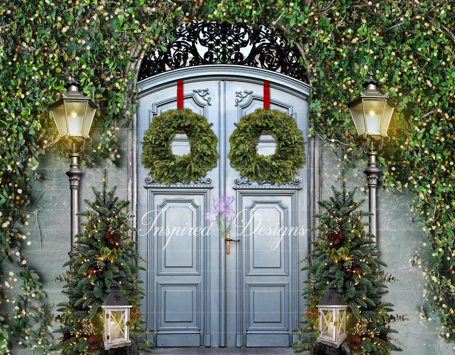 Christmas Entrance Blue Doors Green Trees