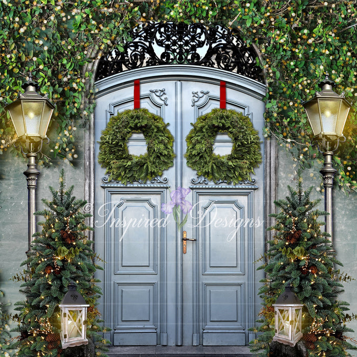 Christmas Entrance Blue Doors Green Trees