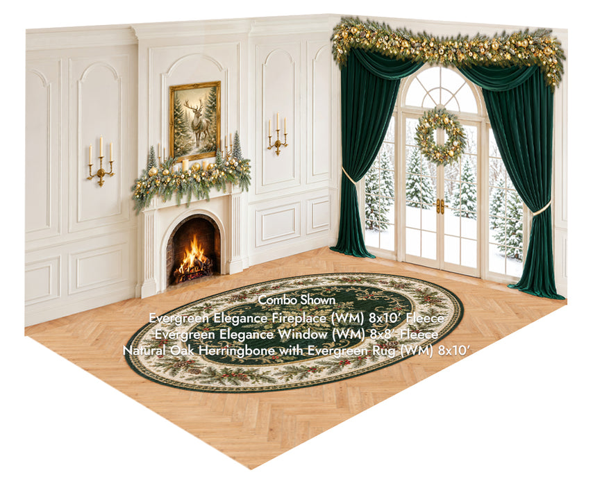 Evergreen Elegance Fireplace + Evergreen Elegance Window + Natural Oak Herringbone with Evergreen Rug Fabric Floor (WM)