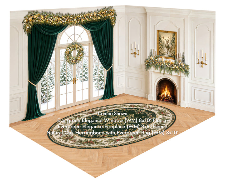 Evergreen Elegance Window + Evergreen Elegance Fireplace + Natural Oak Herringbone with Evergreen Rug Fabric Floor (WM)