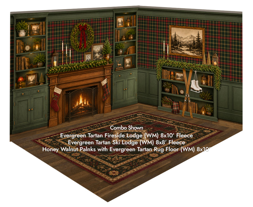 Evergreen Tartan Fireside Lodge + Evergreen Tartan Ski Lodge + Honey Walnut Planks with Evergreen Tartan Rug Fabric Floor (WM)