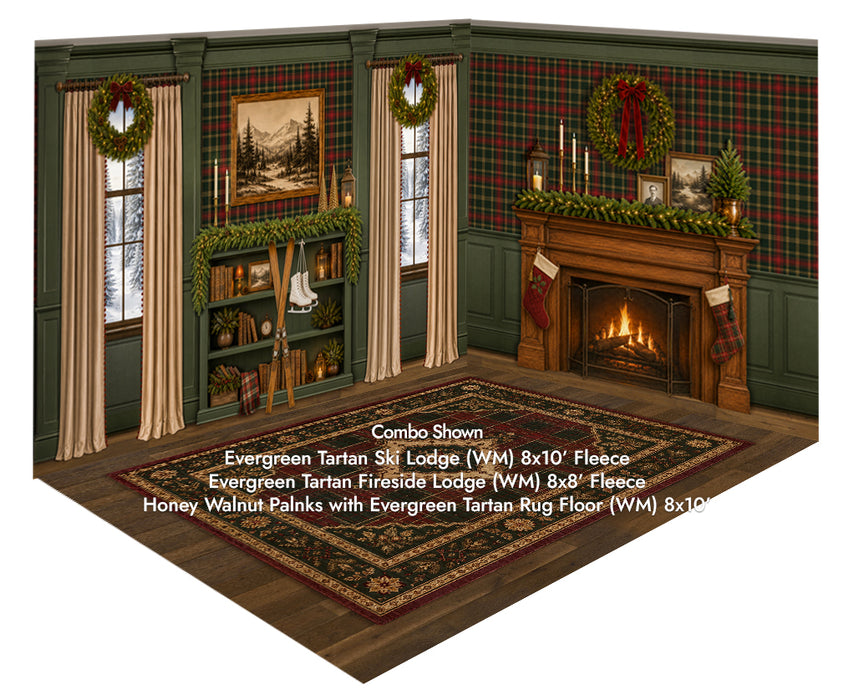 Evergreen Tartan Ski Lodge + Evergreen Tartan Fireside Lodge + Honey Walnut Planks with Evergreen Tartan Rug Floor (WM)