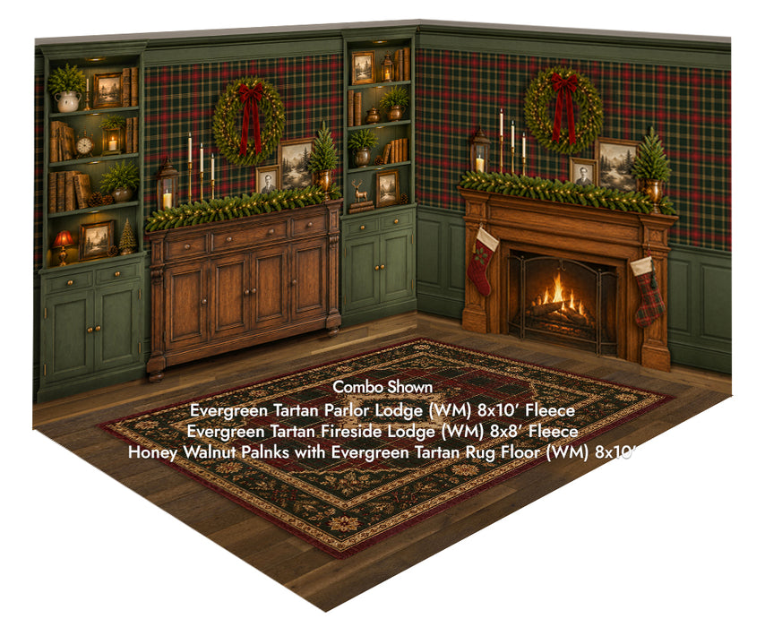 Evergreen Tartan Parlor Lodge + Evergreen Tartan Fireside Lodge + Honey Walnut Planks with Evergreen Tartan Rug Floor (WM)