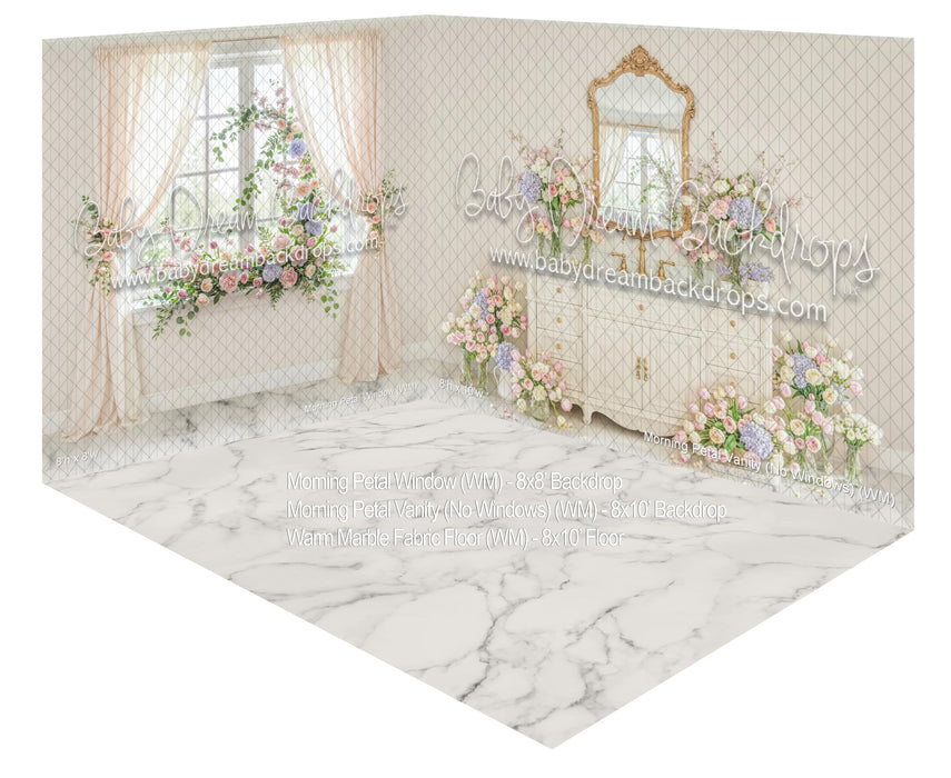 Fabric Morning Petal Window + Morning Petal Vanity (No Windows) + Garden Park Path Corner Fabric Floor (WM)