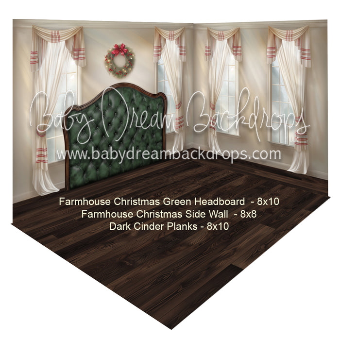 Farmhouse Christmas Green Headboard + Farmhouse Christmas Side Wall + Dark Cinder Planks