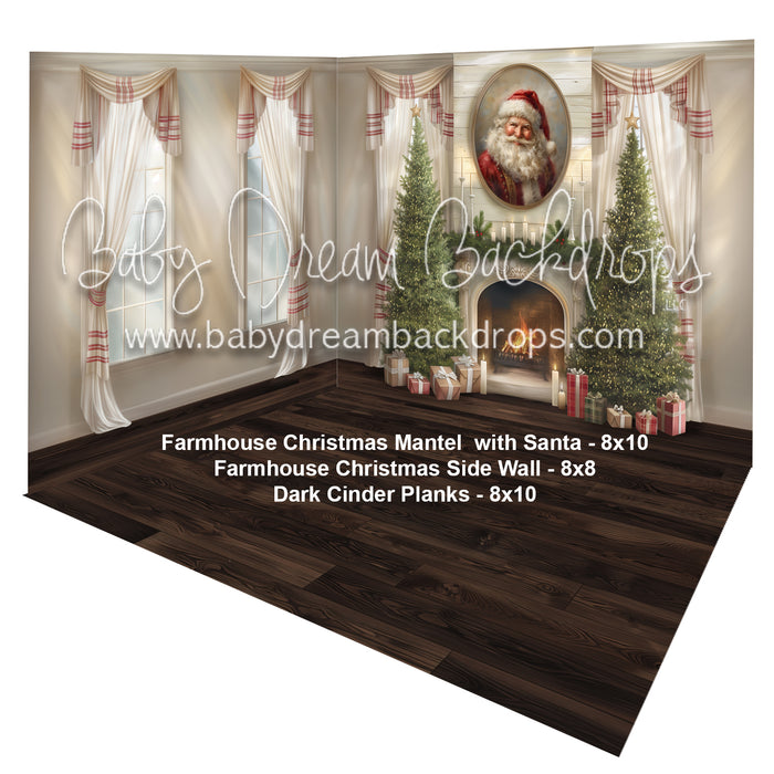 Farmhouse Christmas Mantel with Santa + Farmhouse Christmas Side Wall + Dark Cinder Planks