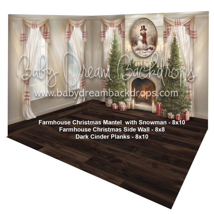(Fabric Room) Farmhouse Christmas Mantel with Snowman + Farmhouse Christmas Side Wall + Dark Cinder Planks