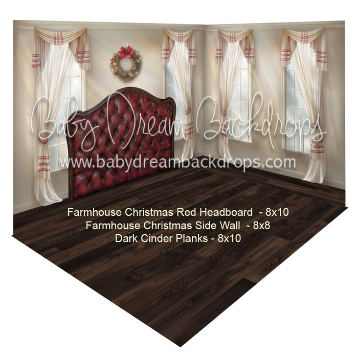Farmhouse Christmas Red Headboard + Farmhouse Christmas Side Wall + Dark Cinder Planks