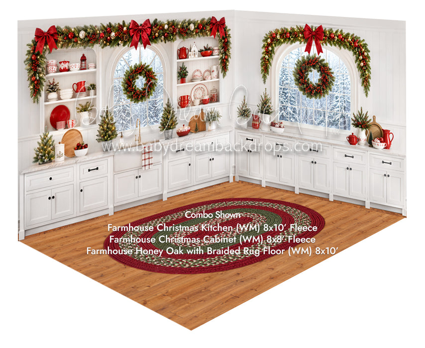 Farmhouse Christmas Kitchen +  Farmhouse Christmas Cabinet + Farmhouse Honey Oak with Braided Rug Fabric Floor (WM)