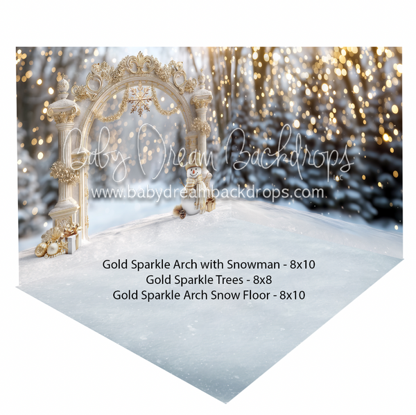 Gold Sparkle Arch with Snowman + Gold Sparkle Trees + Gold Sparkle Arch Snow Fabric Floor