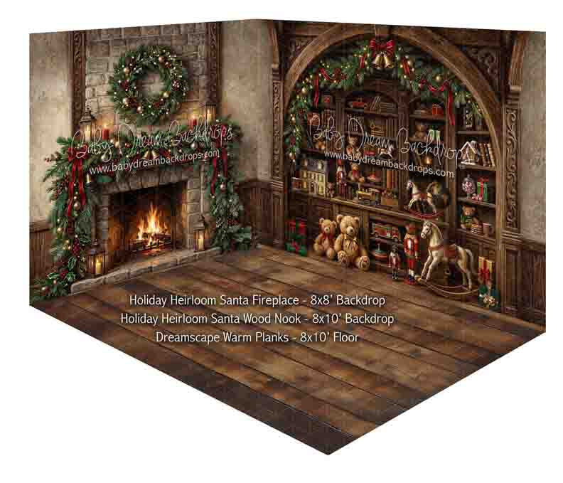 Room Holiday Heirloom Santa Fireplace + Holiday Heirloom Santa Wood Nook + Dreamscape Warm Planks