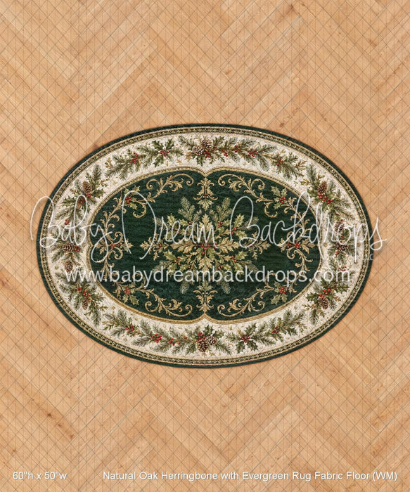 Natural Oak Herringbone with Evergreen Rug Fabric Floor (WM)