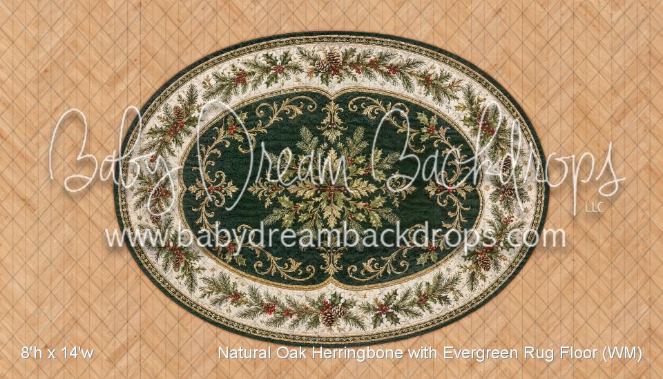 Natural Oak Herringbone with Evergreen Rug Fabric Floor (WM)