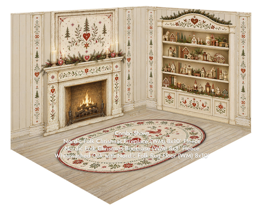 Nordic Folk Christmas Fireplace + Nordic Folk Christmas Bookcase + Whitewashed Oak with Nordic Folk Rug Fabric Floor (WM)