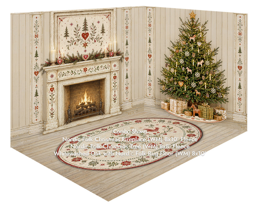 Nordic Folk Christmas Fireplace + Nordic Folk Christmas Tree + Whitewashed Oak with Nordic Folk Rug Floor (WM)
