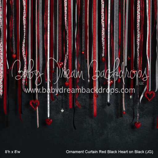 Ornament Curtain Red Black Heart on Black (JG)
