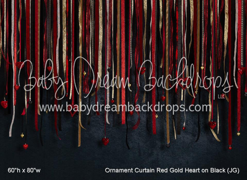 Ornament Curtain Red Gold Heart on Black (JG)