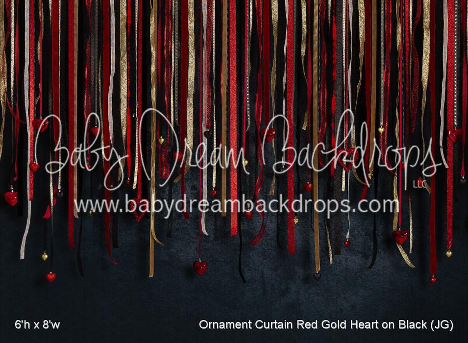 Ornament Curtain Red Gold Heart on Black (JG)