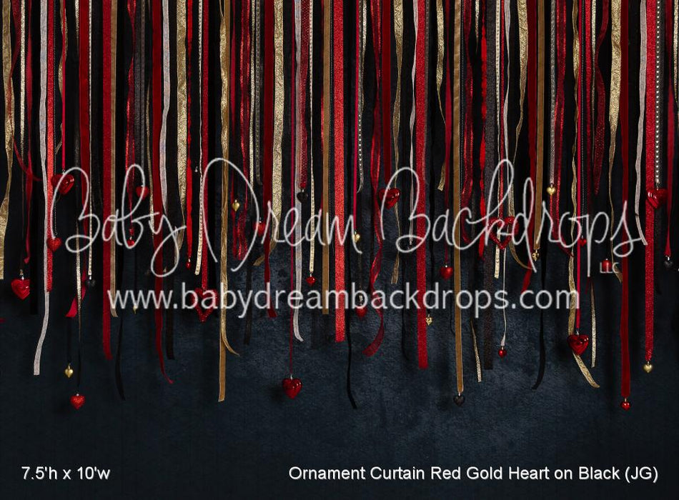 Ornament Curtain Red Gold Heart on Black (JG)
