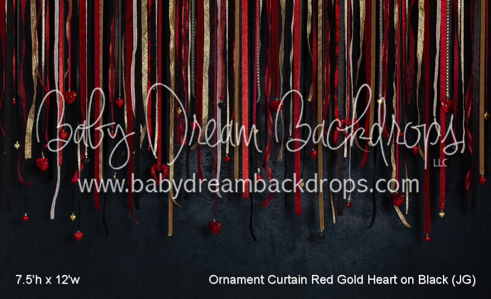 Ornament Curtain Red Gold Heart on Black (JG)