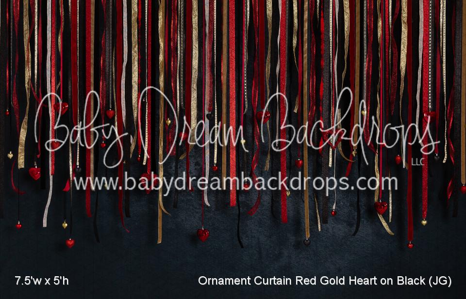 Ornament Curtain Red Gold Heart on Black (JG)