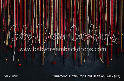 Ornament Curtain Red Gold Heart on Black (JG)