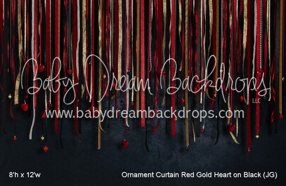 Ornament Curtain Red Gold Heart on Black (JG)