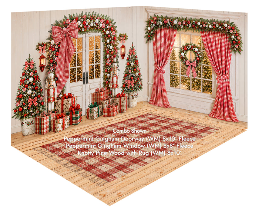 Peppermint Gingham Doorway + Peppermint Gingham Window + Knotty Pine Wood with Rug Fabric Floor (WM)