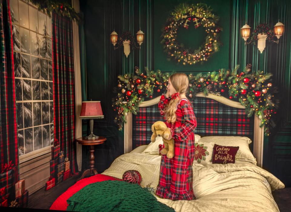 Fabric Room Plaid Tidings Window + Plaid Tidings Headboard + Chestnut Planks