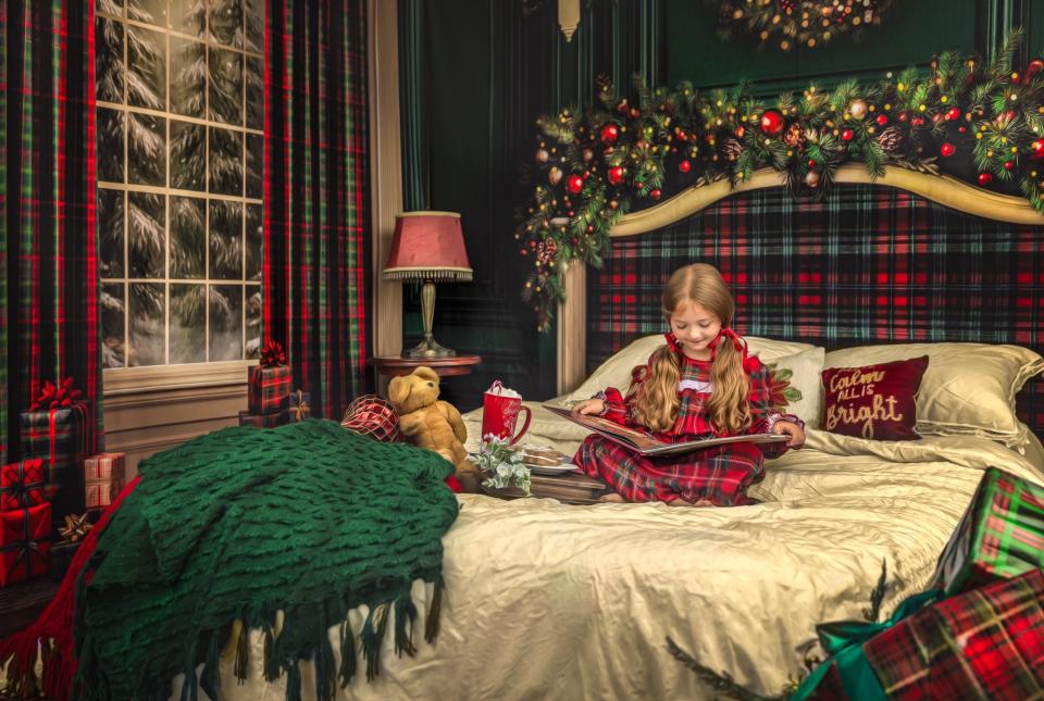 Fabric Room Plaid Tidings Window + Plaid Tidings Headboard + Chestnut Planks