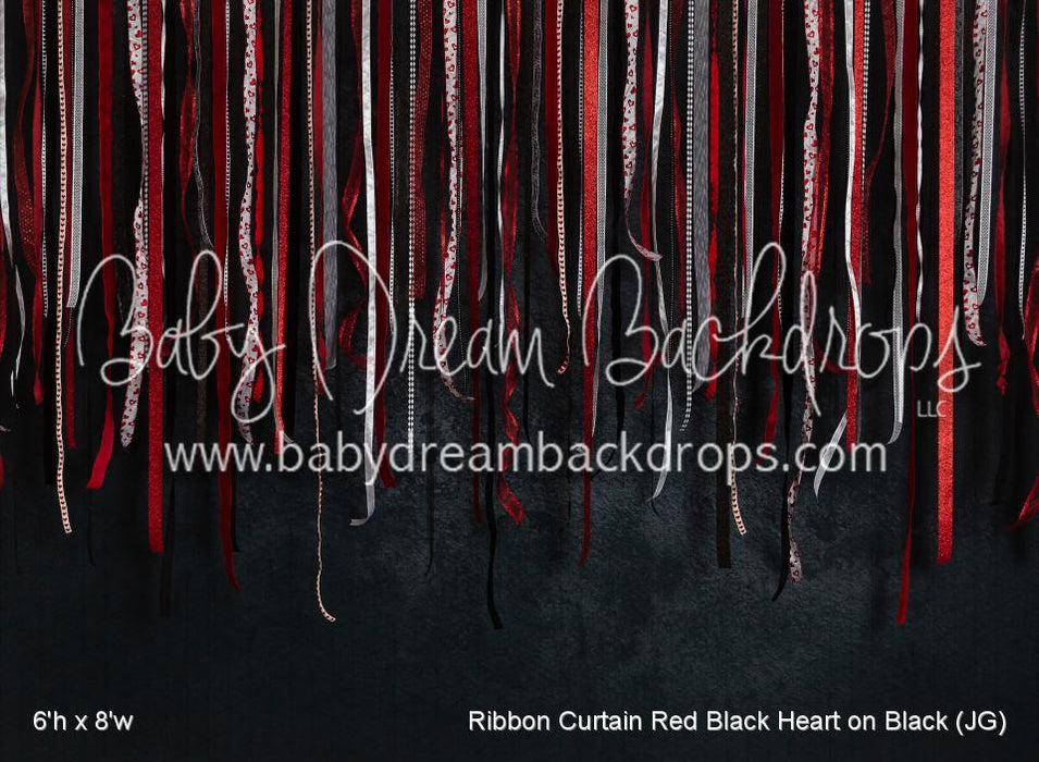 Ribbon Curtain Red Black Heart on Black (JG)