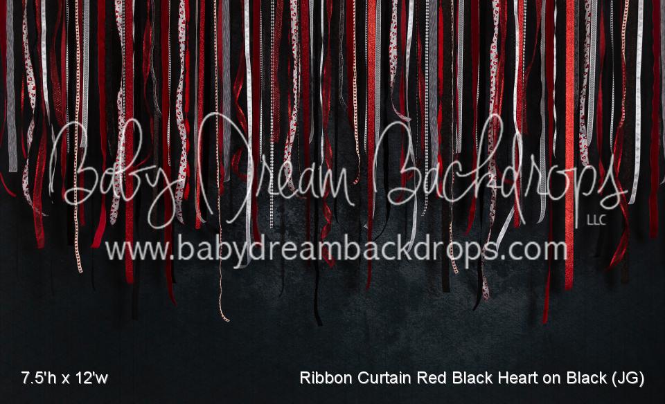 Ribbon Curtain Red Black Heart on Black (JG)