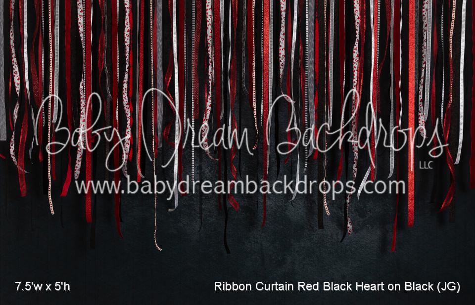 Ribbon Curtain Red Black Heart on Black (JG)