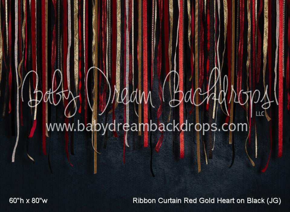 Ribbon Curtain Red Gold Heart on Black (JG)